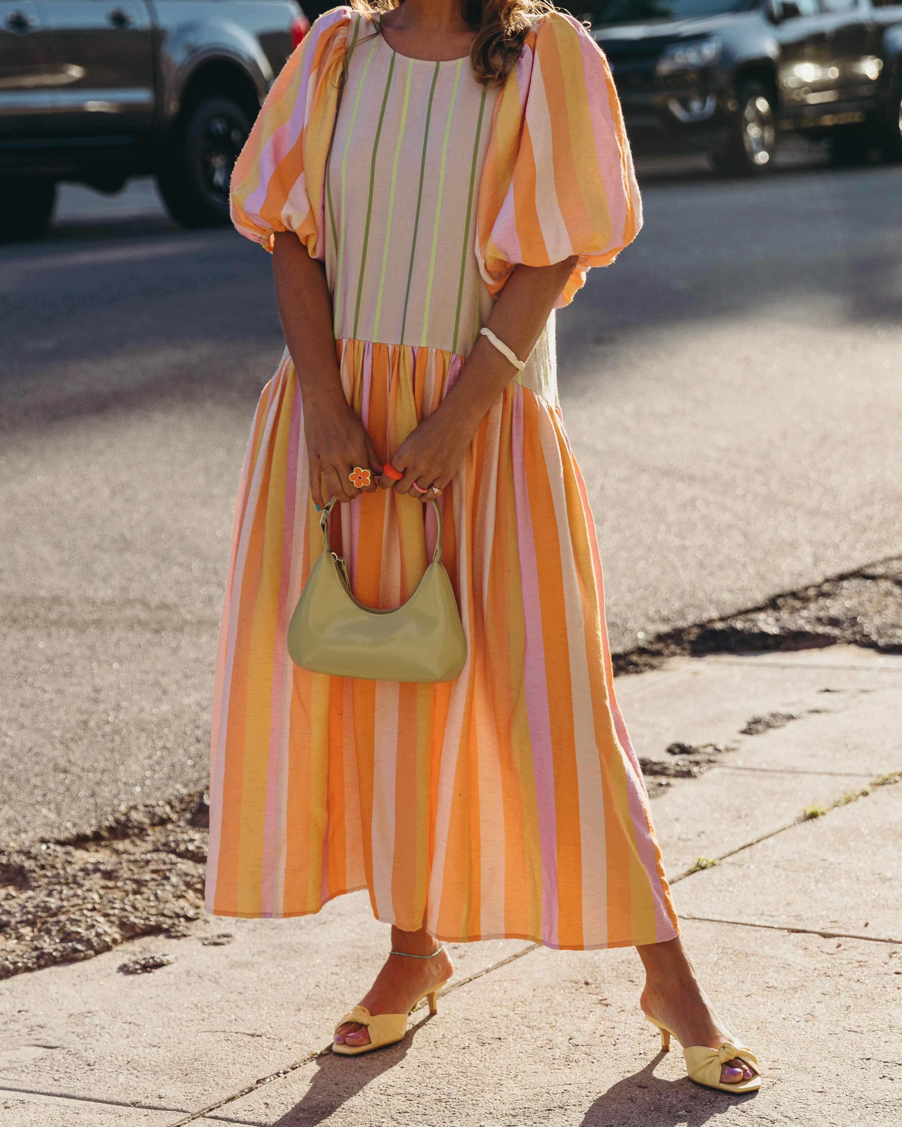 Sara from Collage Vintage wearing a Stine Goya summer dress, Zara yellow sandals and By Far bag